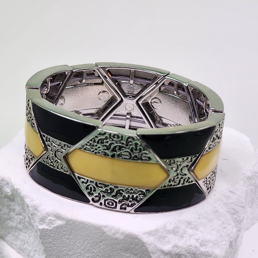 Lia Sophia Black Yellow Inlay Silver Tone Geometric Stretch Statement Bracelet